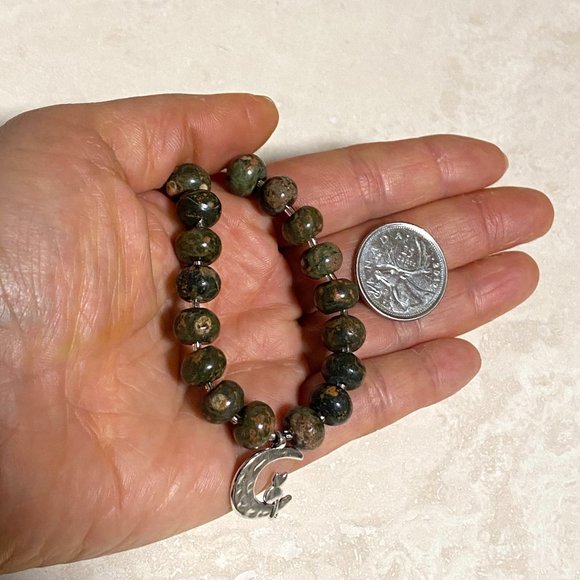 Unakite Stone Silver Cat on the Moon Necklace, Genuine Gemstone Beaded Necklace - Picture 9 of 9